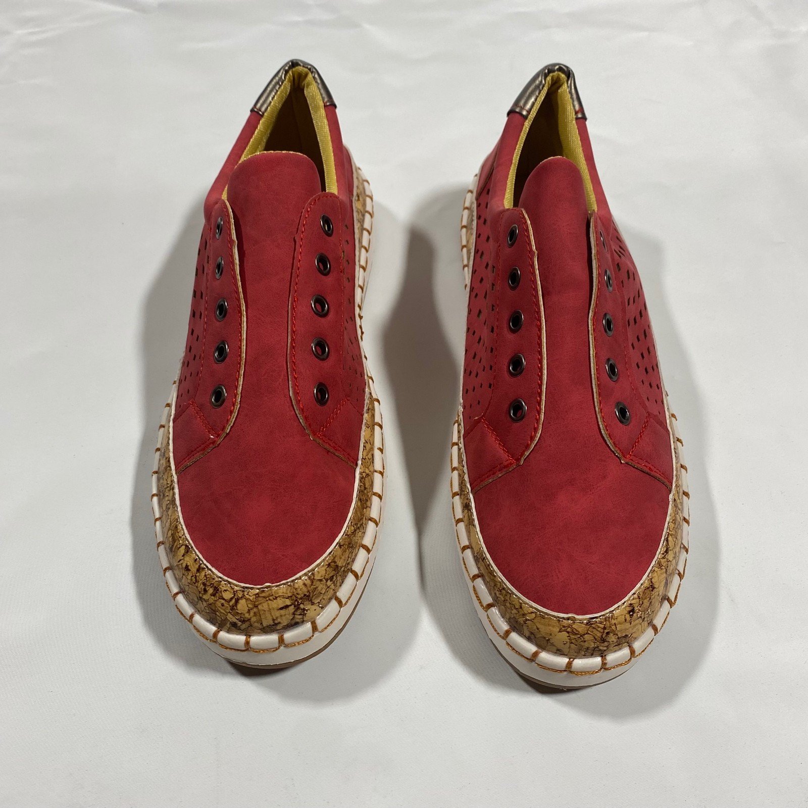 Slip On Sneakers Womens 10 Red Perforated Cork Trim Low Top Casual Shoes Comfort