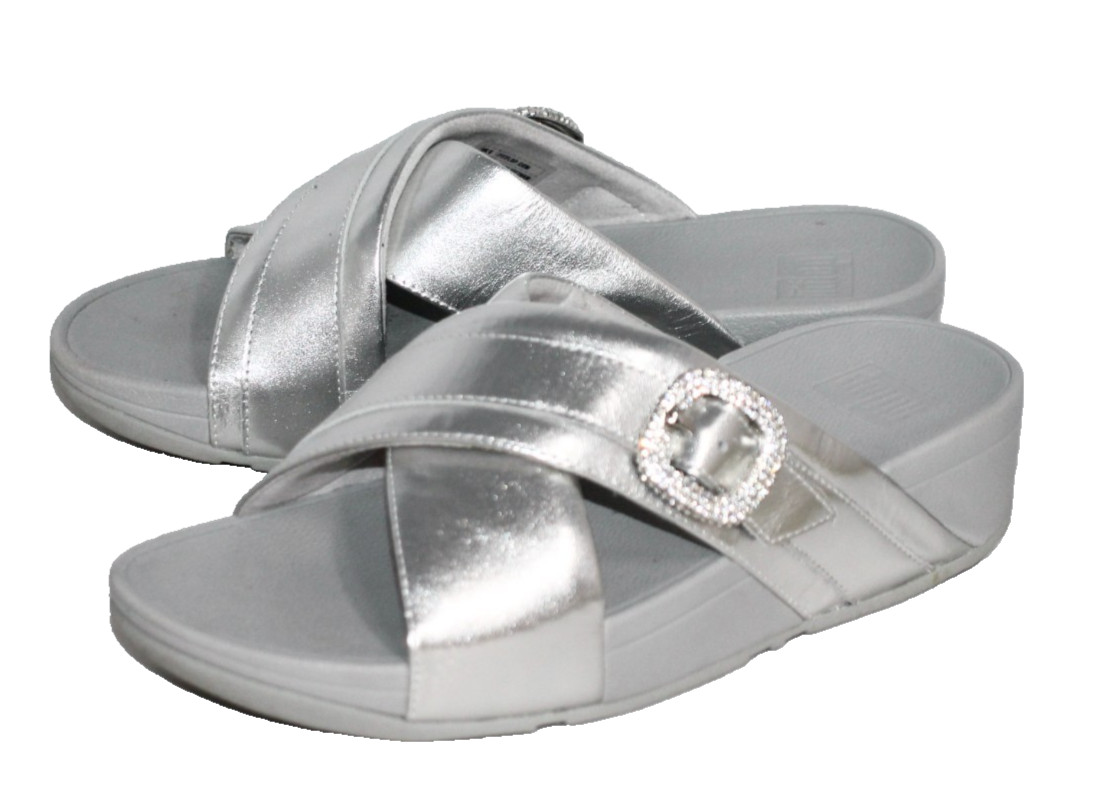 FITFLOP Lulu Crystal Buckle Cross Slide Sandal Wmn Size 7 Silver Leather IG6-011