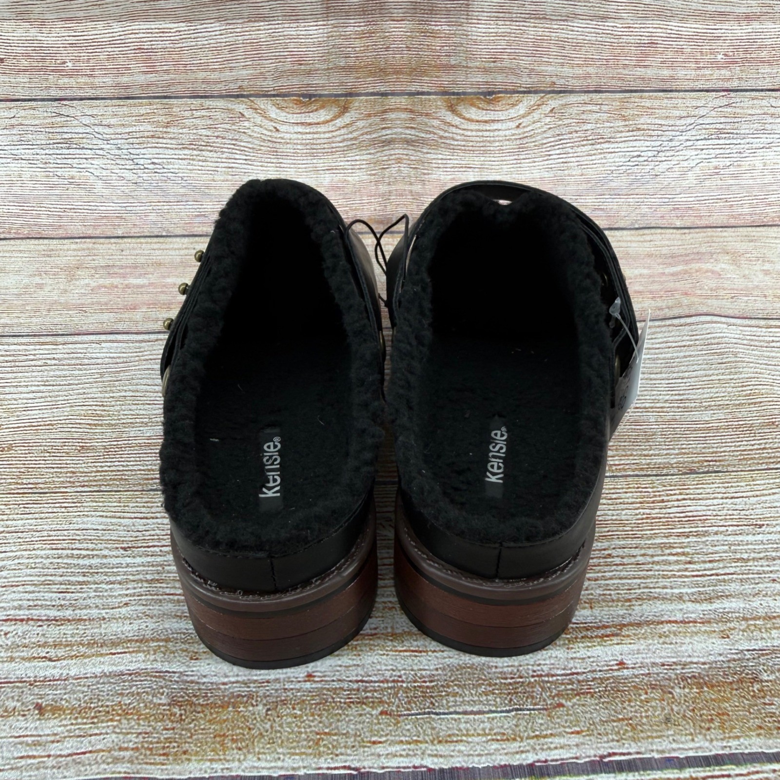Kensie Wrylie Black Faux Leather Faux Fur Lined Lug Sole Clogs Mules KS252500 8