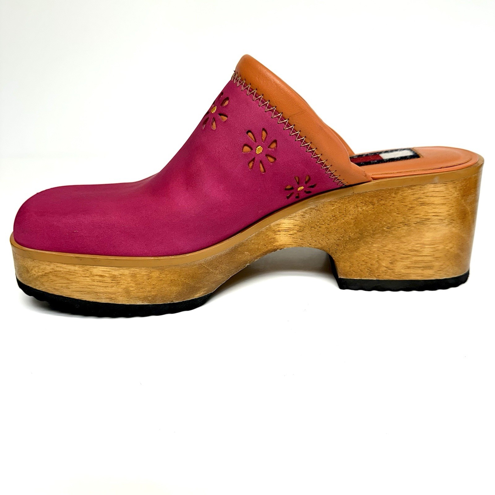 Vintage Tommy Hilfiger Y2K Hot Pink Leather Platform Clogs Mules Cutout Women 9