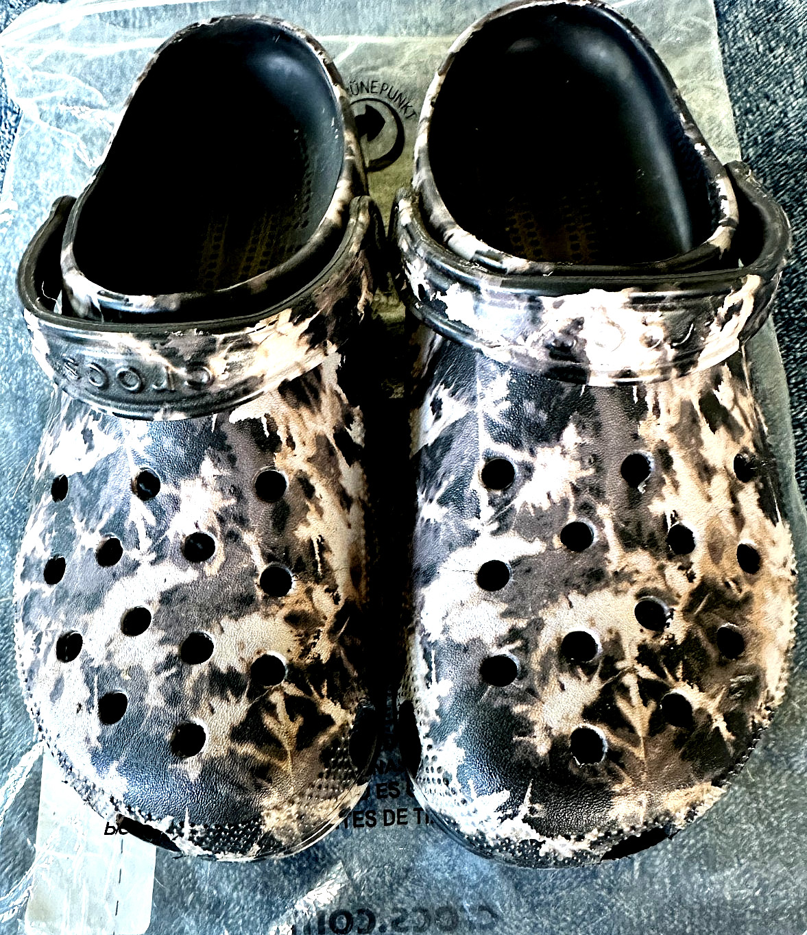 Hardly Worn Bleach Dye Pattern Crocs-Women Size 11-Shades of Beige,Brown+Black