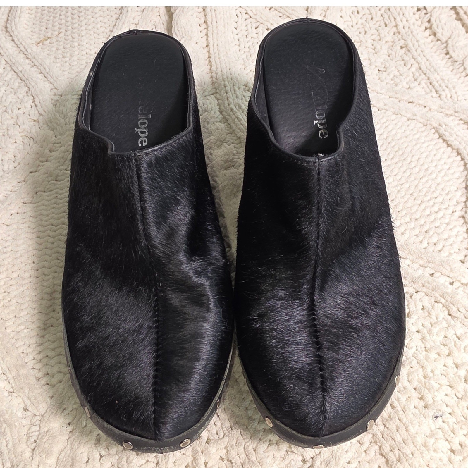 Antelope Clogs Mules Pony Hair Black Studded Leather Wedge Women 39 8 8.5