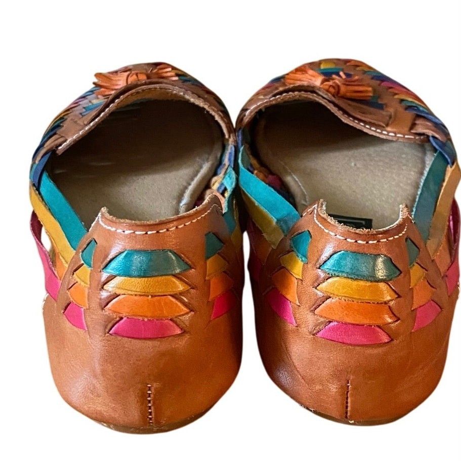 Women’s Slip On Sandal, Leather, 6.5, Tan/Multi colors, Made in Mexico, Size 6.5