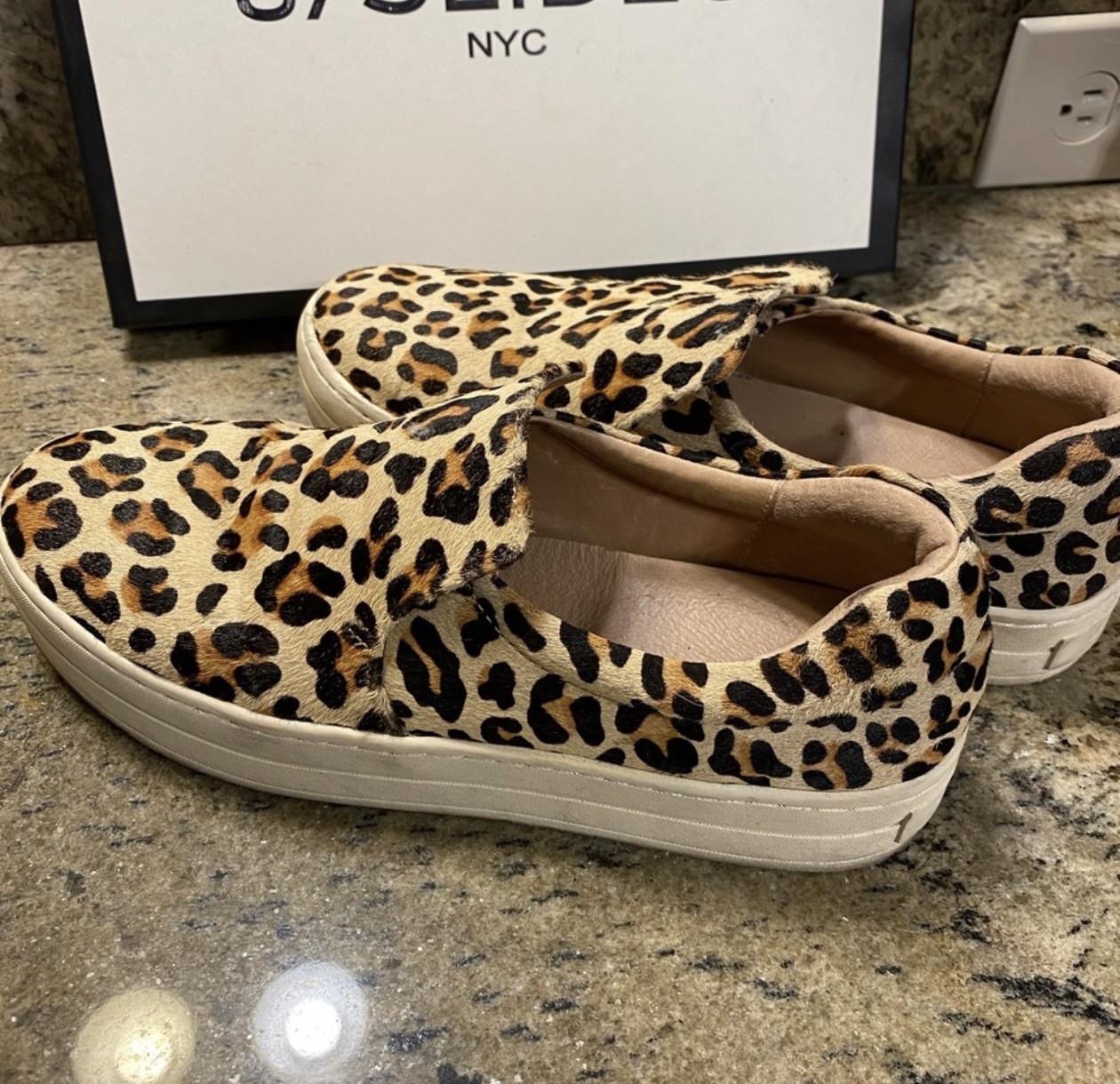 J/Slides NYC Harry Leopard Pony Hair Leather Slip On Sneakers Womens 8.5