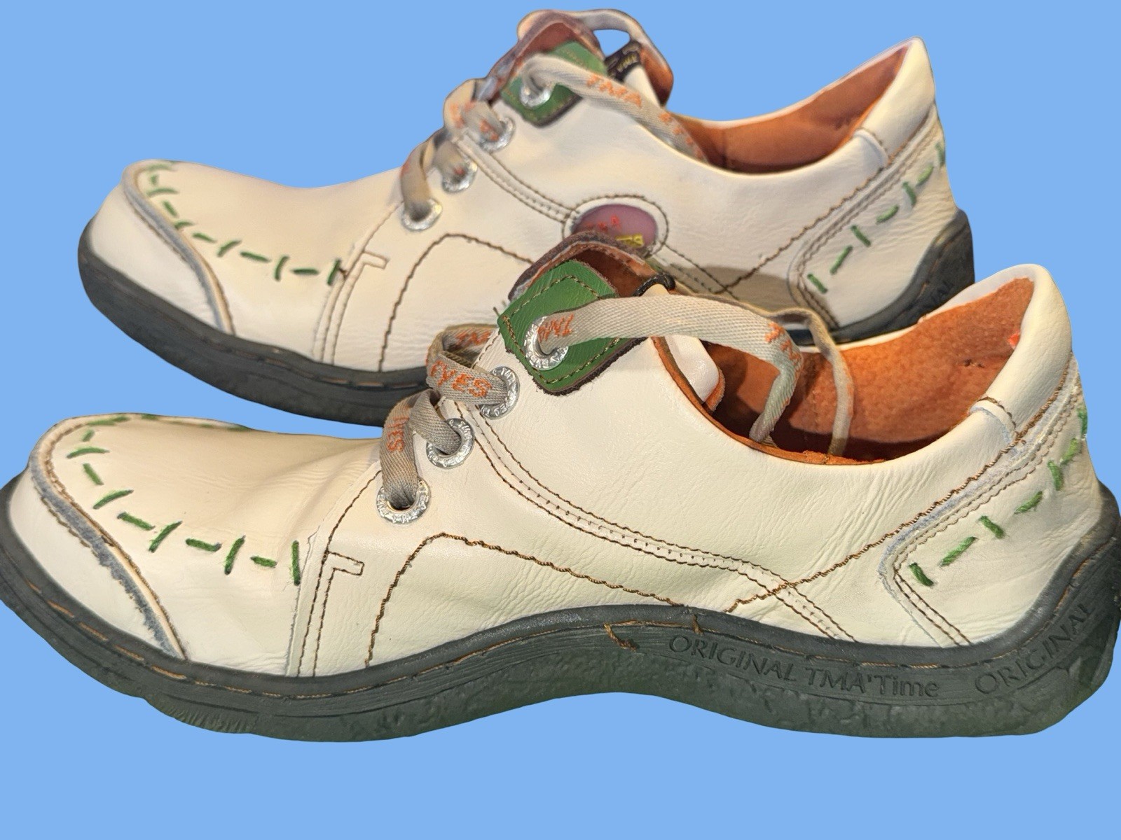 TMA Eyes White Leather Comfort Shoes Men’s US 9 EU 41 Green Stitch Lace Up