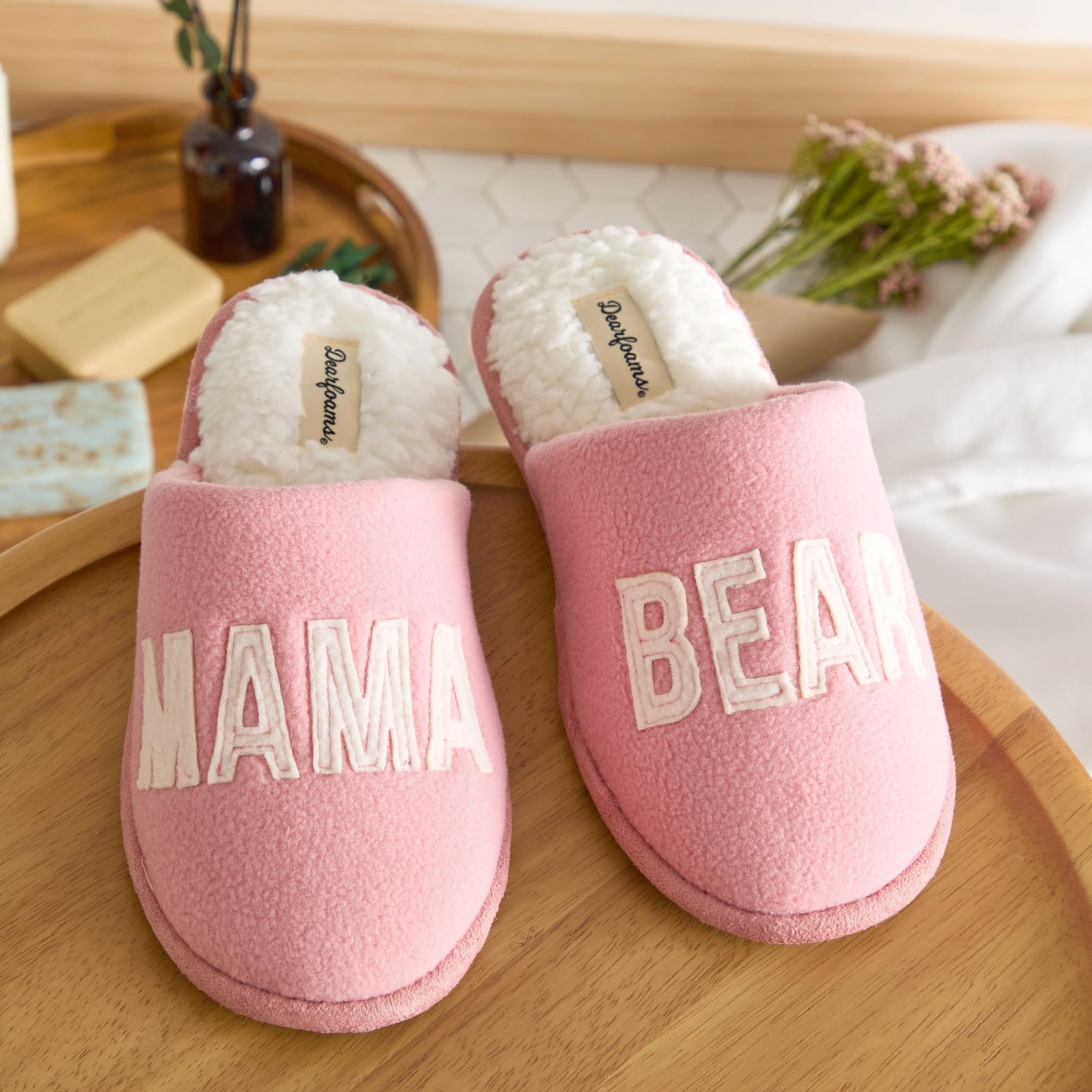 Dearfoams Women’s Mama Bear Slipper, Blush, Medium 7-8, Blush Pink Fleece