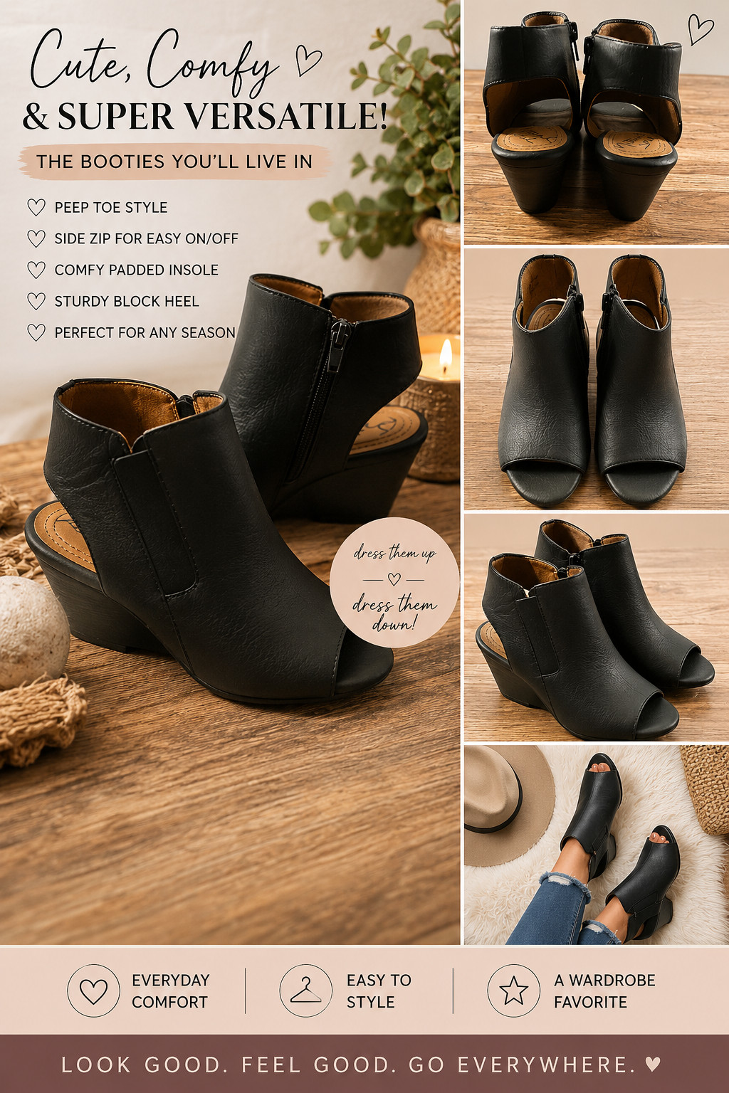 Natural Soul Black Wedge Sandals Women’s Size 6.5 Comfort Open Toe Zip Slingback