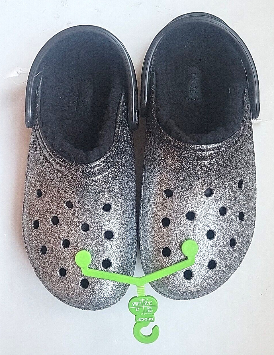 Crocs Silver Black Ombré Glitter Lined Classic Comfort Clogs NWT Women’s 6 7 8