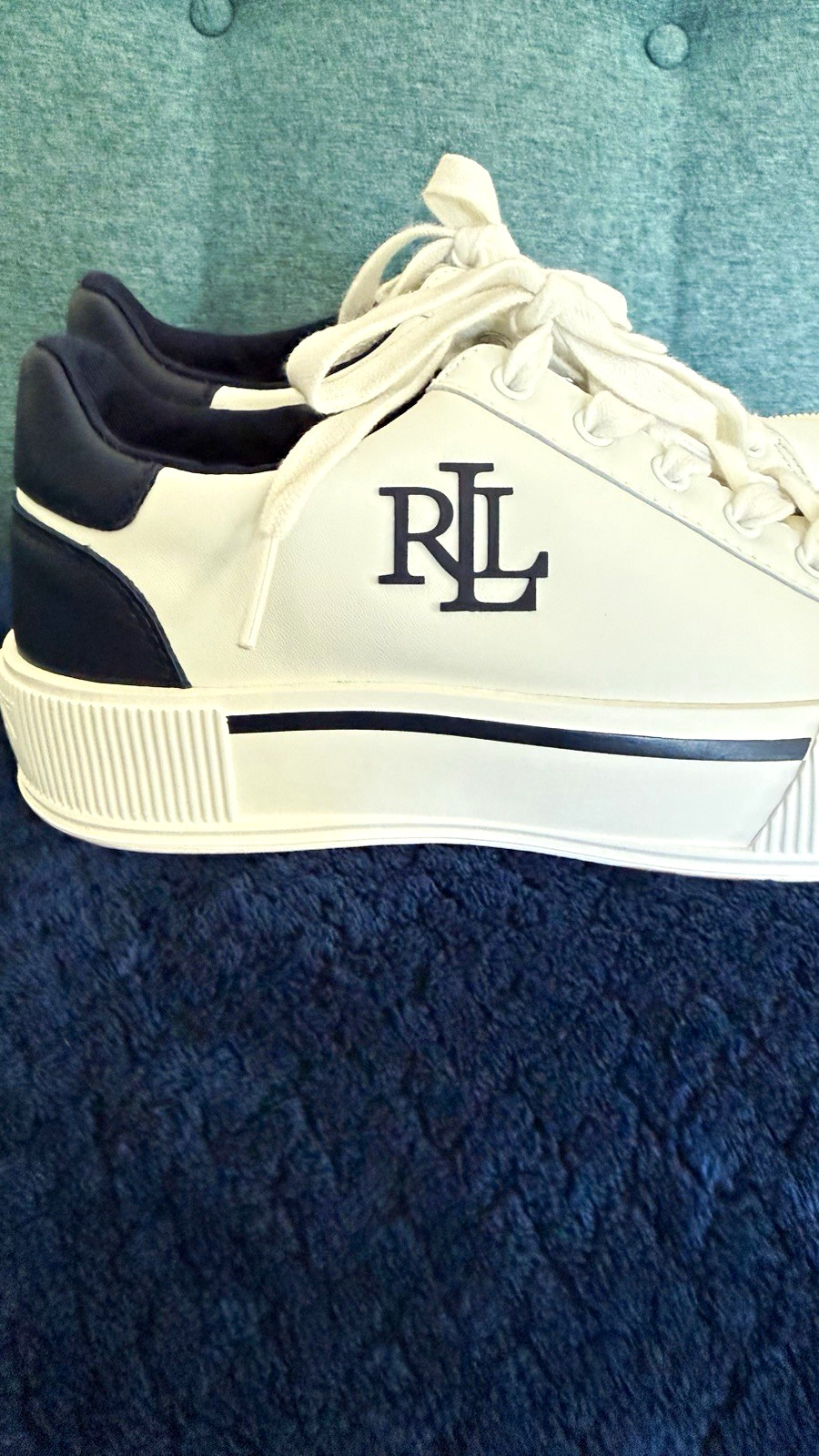 Lauren Ralph Lauren Daisie White/Blue Logo Leather Lace-Up Sneakers Women US 7