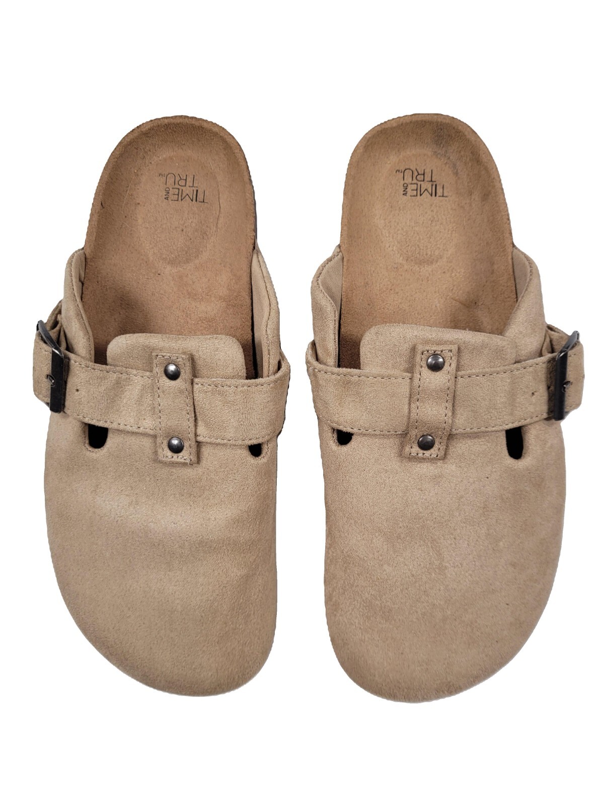 Time & True Slip-Ons (9) Tan Instep Buckles Tighten 1″ Heel Cloth Outsole