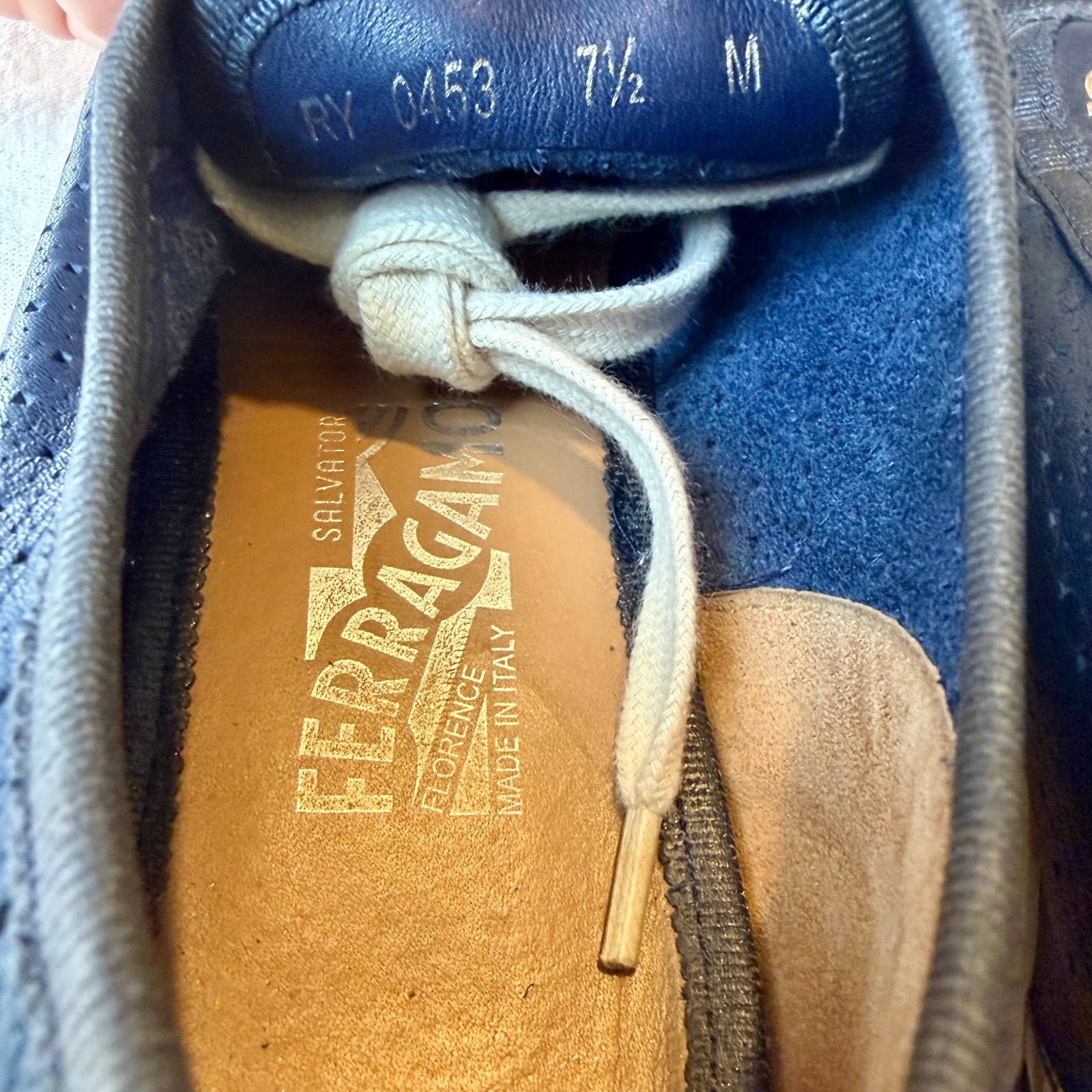 Salvatore Ferragamo Soho Perforated Sneakers Navy Leather Women’s Size 7.5 M
