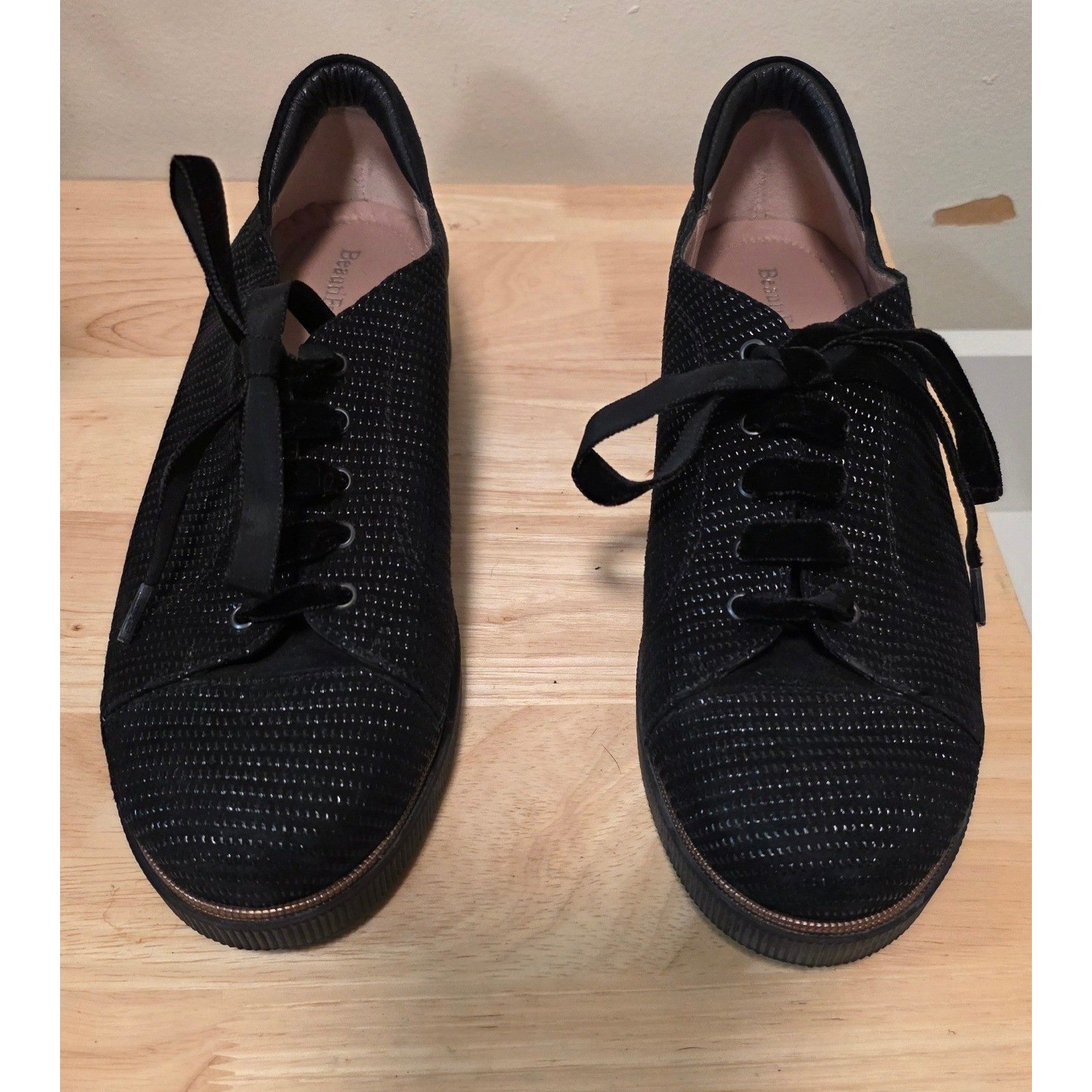 BeautiFeel Black Textured Shimmer Leather Platform Oxford Sneakers Size 38