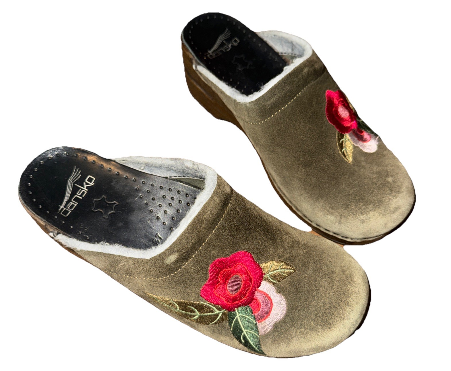 Dansko Womens Size 6- 6.5 US / 37 Brown Suede Embroidered Flowers Clogs Mules