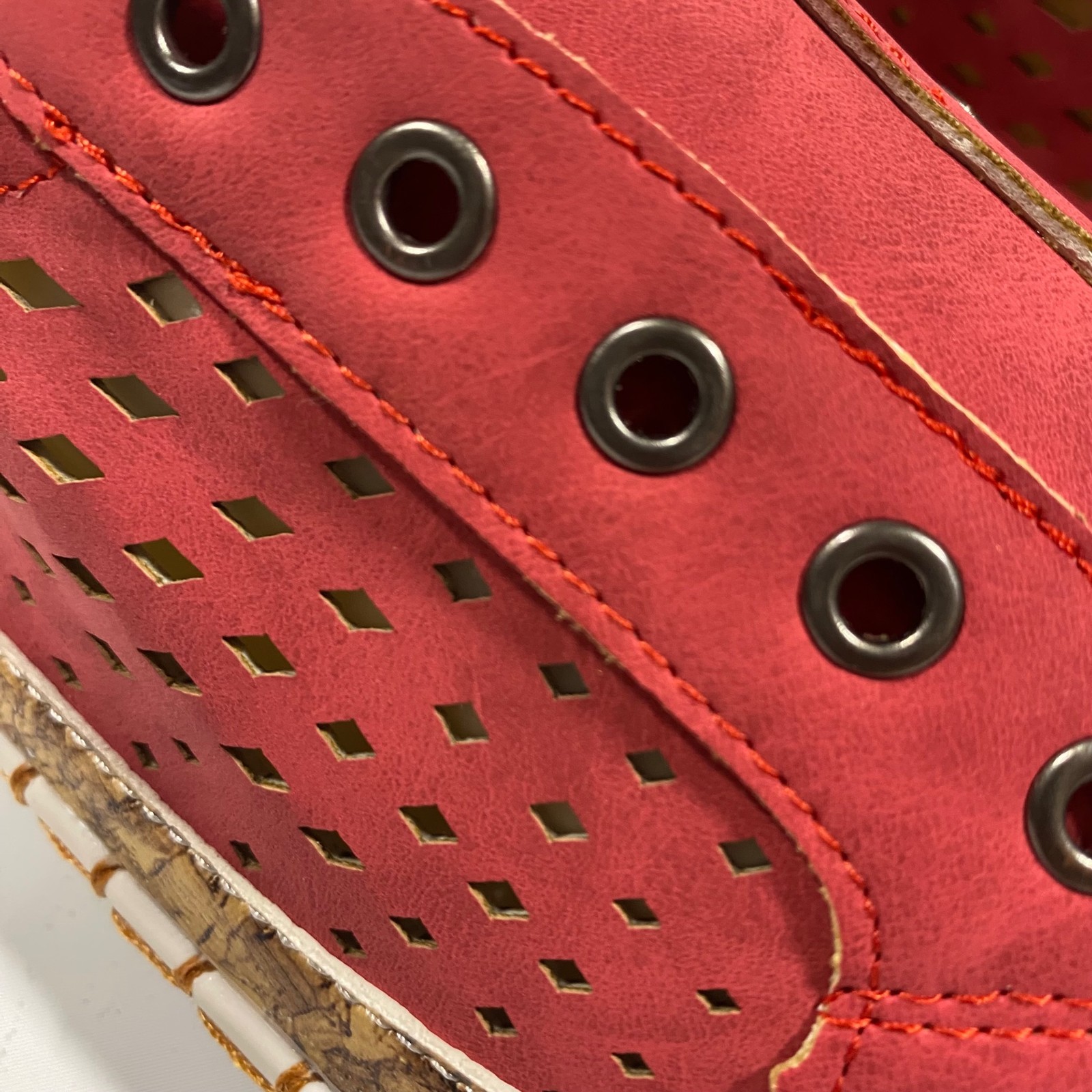 Slip On Sneakers Womens 10 Red Perforated Cork Trim Low Top Casual Shoes Comfort