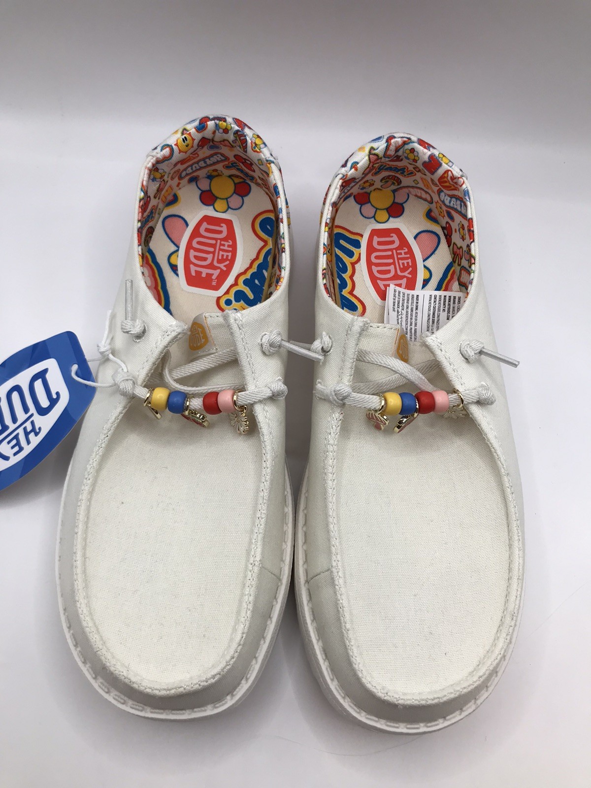 WOMEN’S OFF WHITE/MULTI HEY DUDE WENDY DANGLE CHARMS SLIP ON SNEAKER SIZE 7 NWT