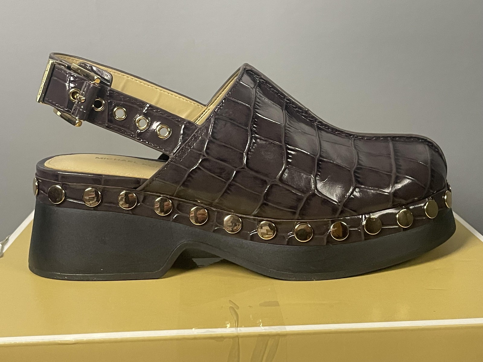 Michael Kors Esra Clog Shoes Womens Size 5 Brown Leather Studded Platform Clogs