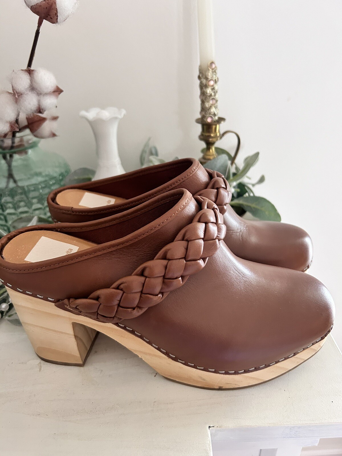 Dolce Vita Hila Braided Mule Clog Heel Saddle Leather Brown Women’s Size 9.5