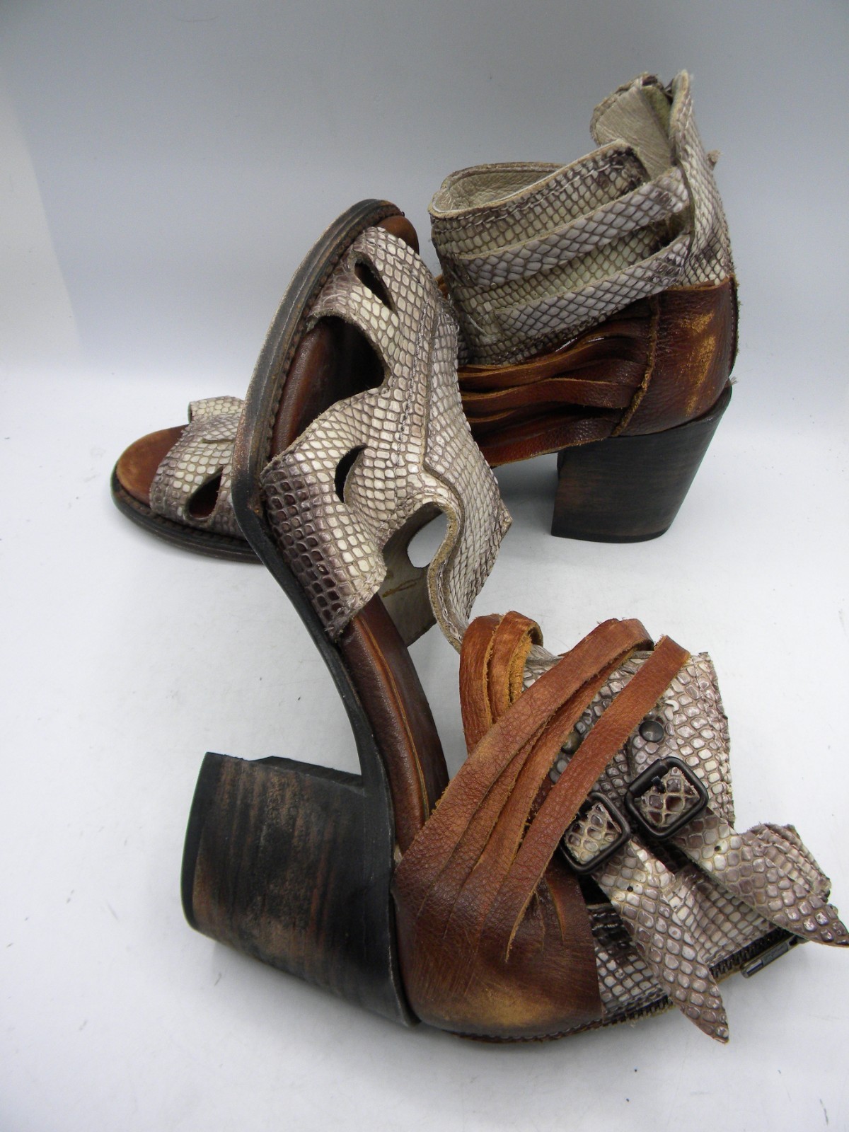 FREEBIRD by Steven Nest Snake Print & Brown Leather Block Heel Sandal Sz 9