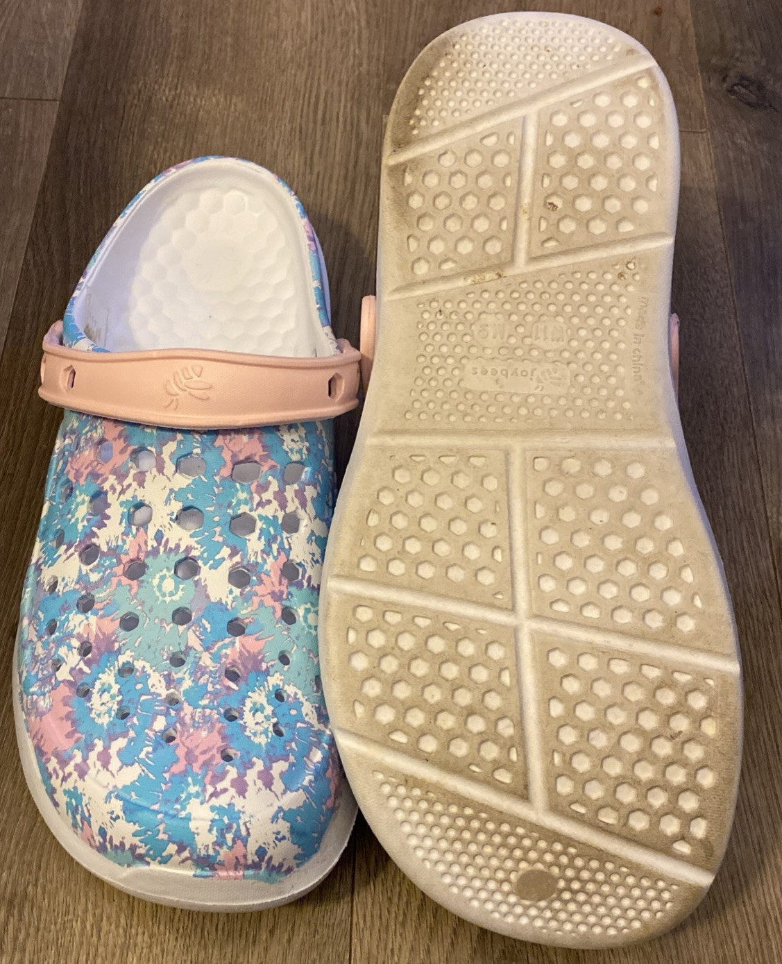 Joybees Crocs Pastels Pink Blue White Splatter Pattern W Holes W10 M8 EUC