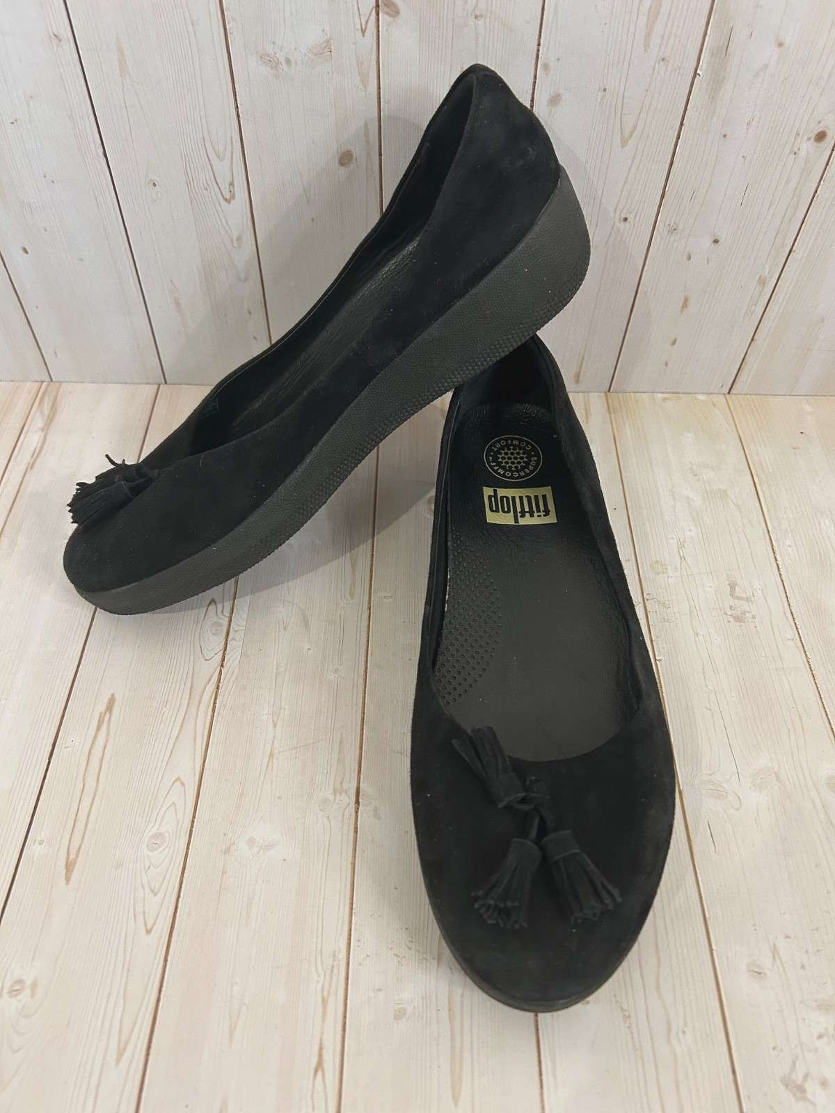 FitFlop Suede Wedge Slip On Tassel Loafers Black Leather Shoes Size 7.5