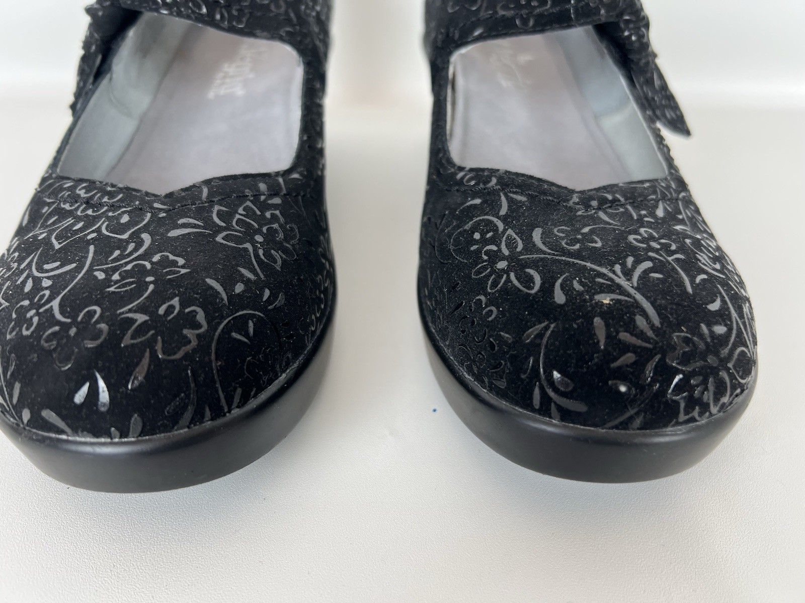 Alegria Mary Jane Clogs 38 Black Floral Embossed Leather Shoes US 8-8.5