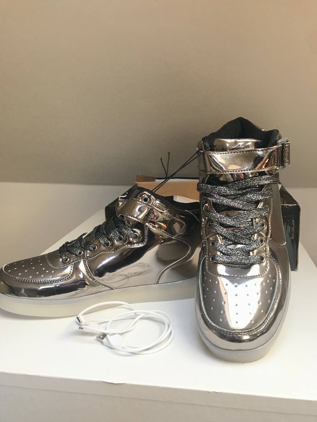 Mid Top Lace Up metallic Silver Black Casual Sneaker w USB chargeable Led lights