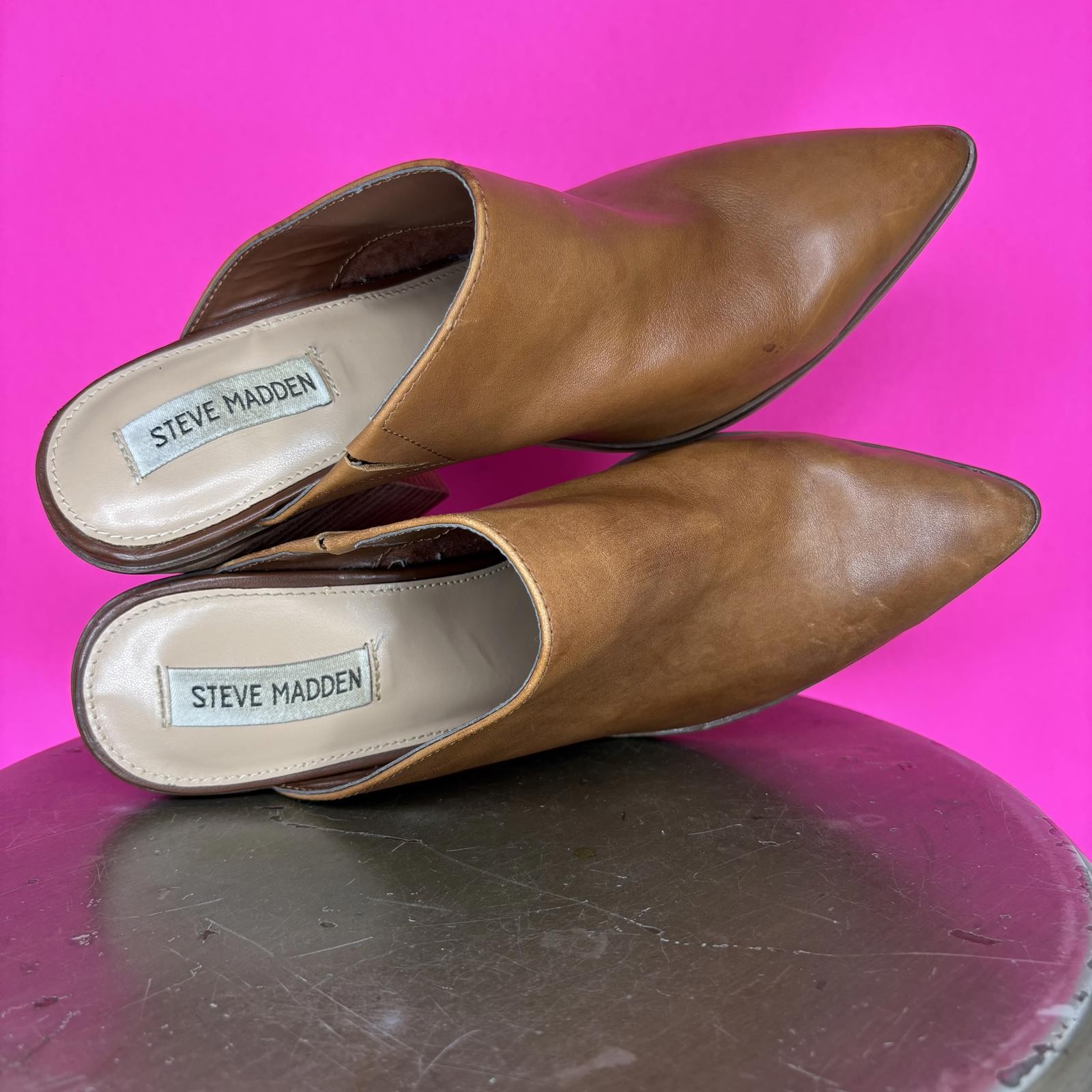 Steve Madden Savina Brown Leather Pointed Toe Stacked Heel Mule US 9.5 UK 7.5
