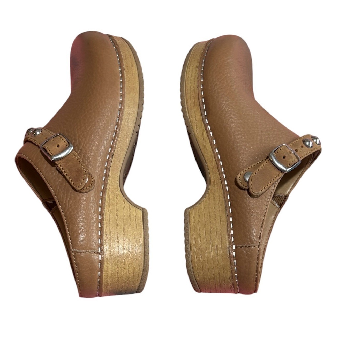 Dansko Clog Mules Women 37 Tan Leather Studded Buckle Shoes Pebbled Convertible