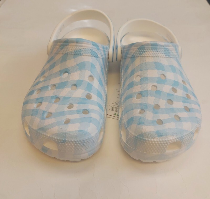 Crocs Classic Gingham Clogs Mens Size 7 Womens 9 Blue White Slip On Sandals Shoe