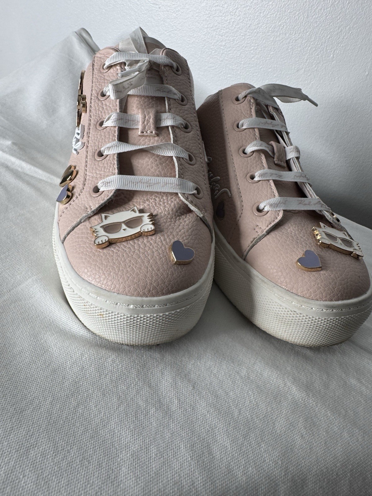 Women Karl LagerfeldCate Pins Charm Lace Up Open heel Sneak Pink Leather Shoe7,5