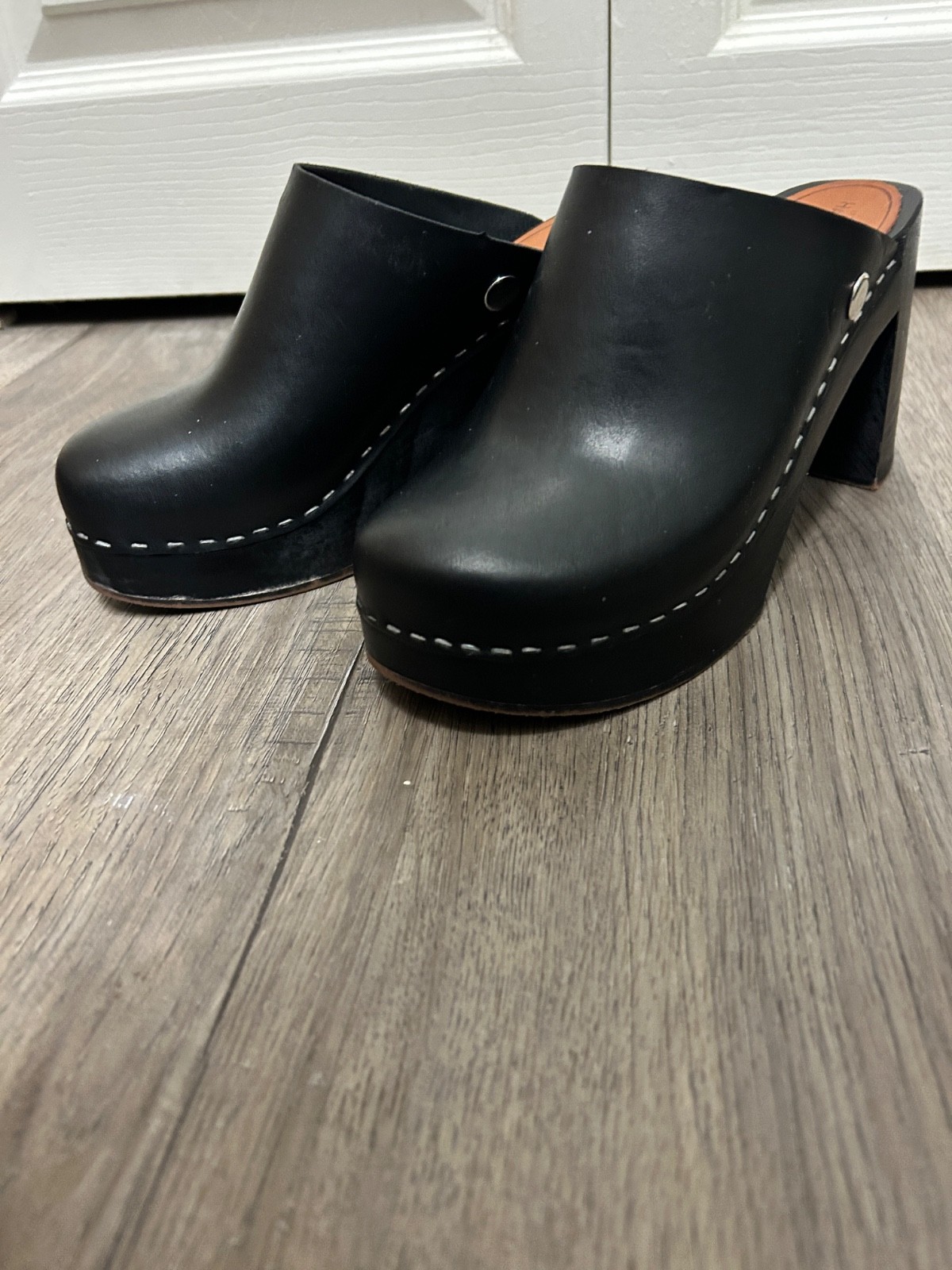 Sweedish Hasbeen’s Black Leather Sky High Clogs, size 39