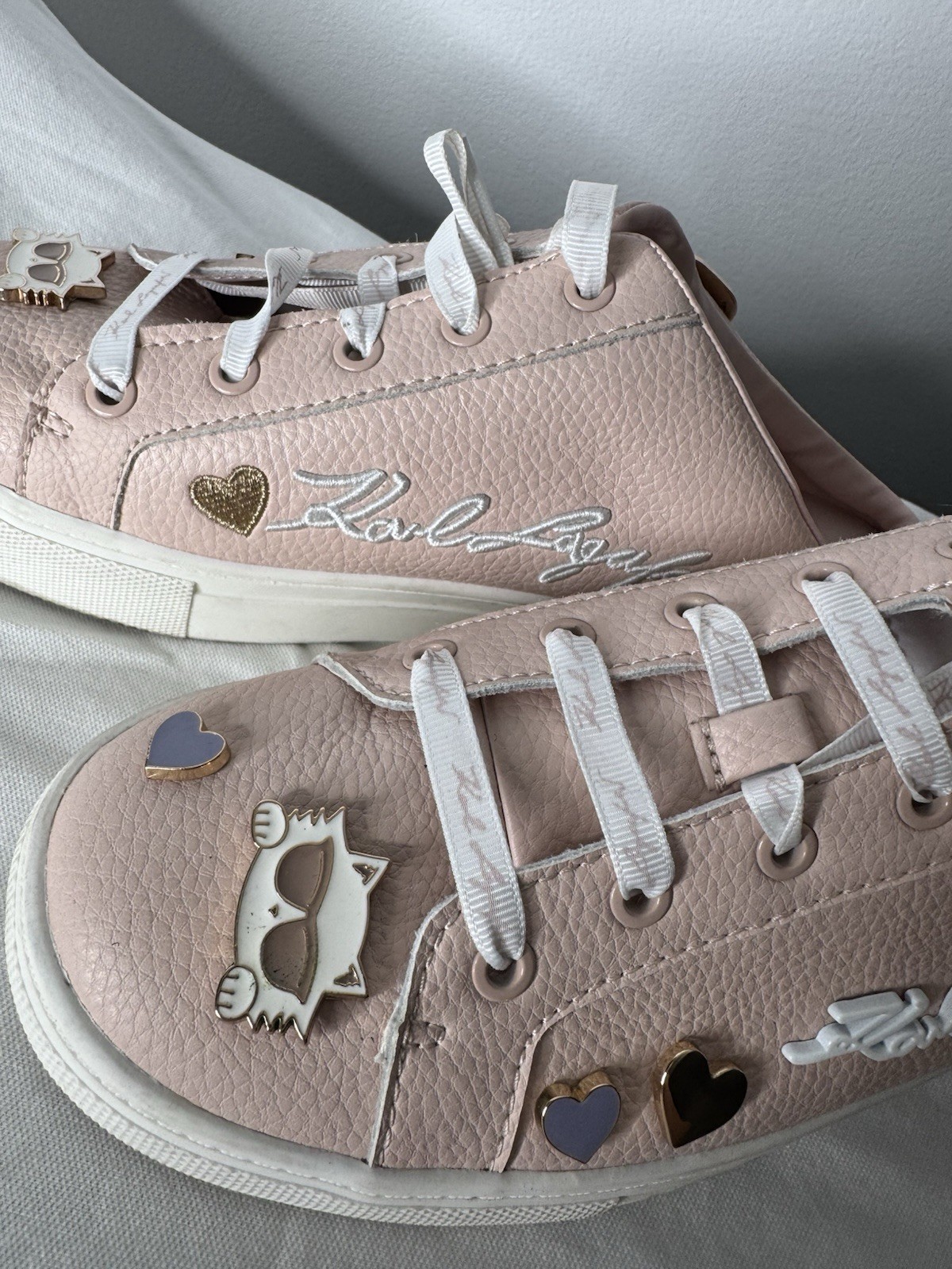 Women Karl LagerfeldCate Pins Charm Lace Up Open heel Sneak Pink Leather Shoe7,5