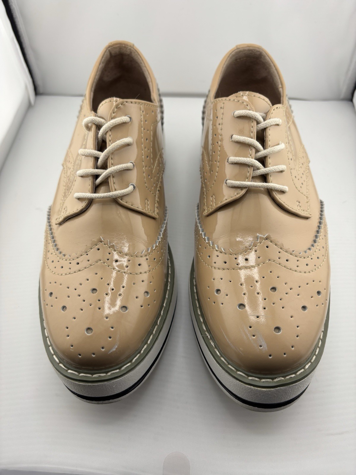 DADAWEN Ying Lan Women’s Platform Lace Up Beige Oxfords Shoe Sz 7-7.5