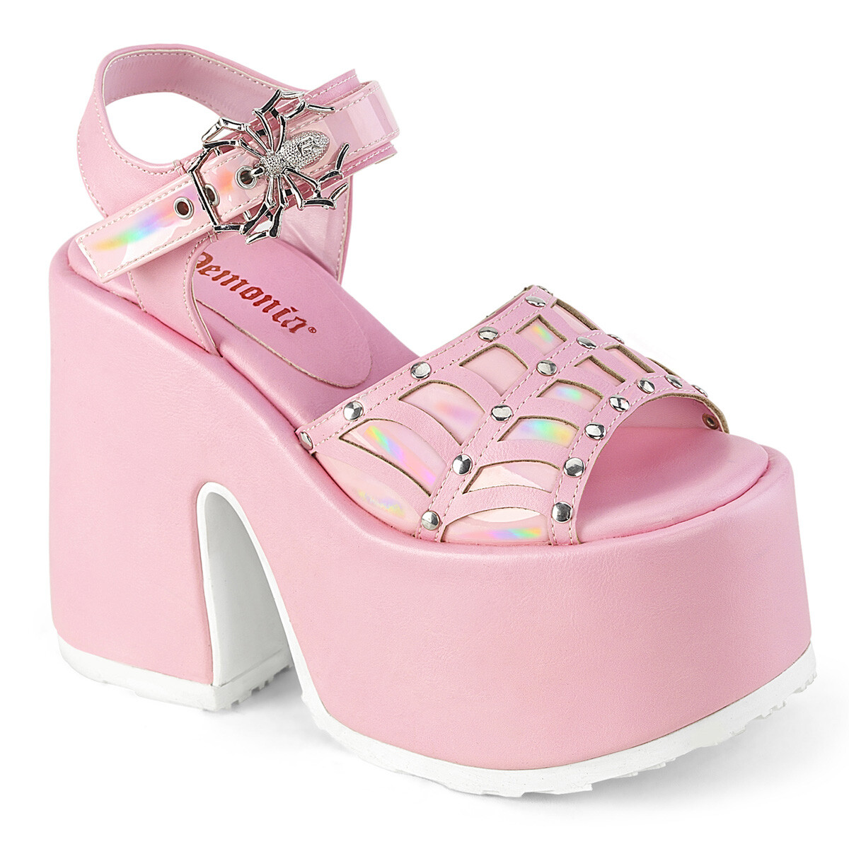 PLEASER PINK 5″ CHUNK HEEL-SILVERTONE SPIDER BUCKLE SANDAL Sz 6 7 8 9 10 11 12