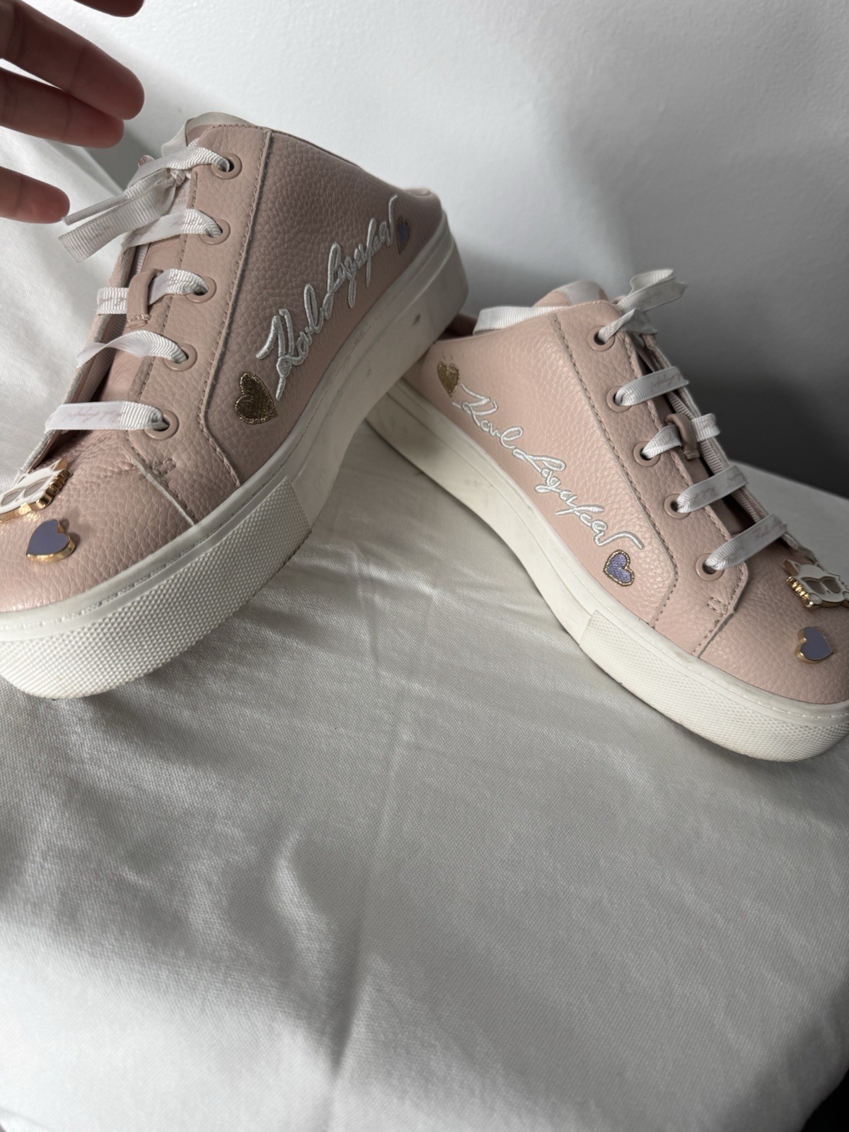 Women Karl LagerfeldCate Pins Charm Lace Up Open heel Sneak Pink Leather Shoe7,5