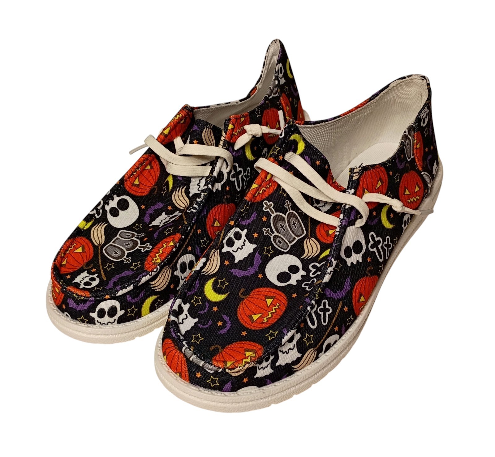 Fashion Sneakers Womens 10 Halloween Canvas Slip On Shoes Pumpkins Ghost Bats