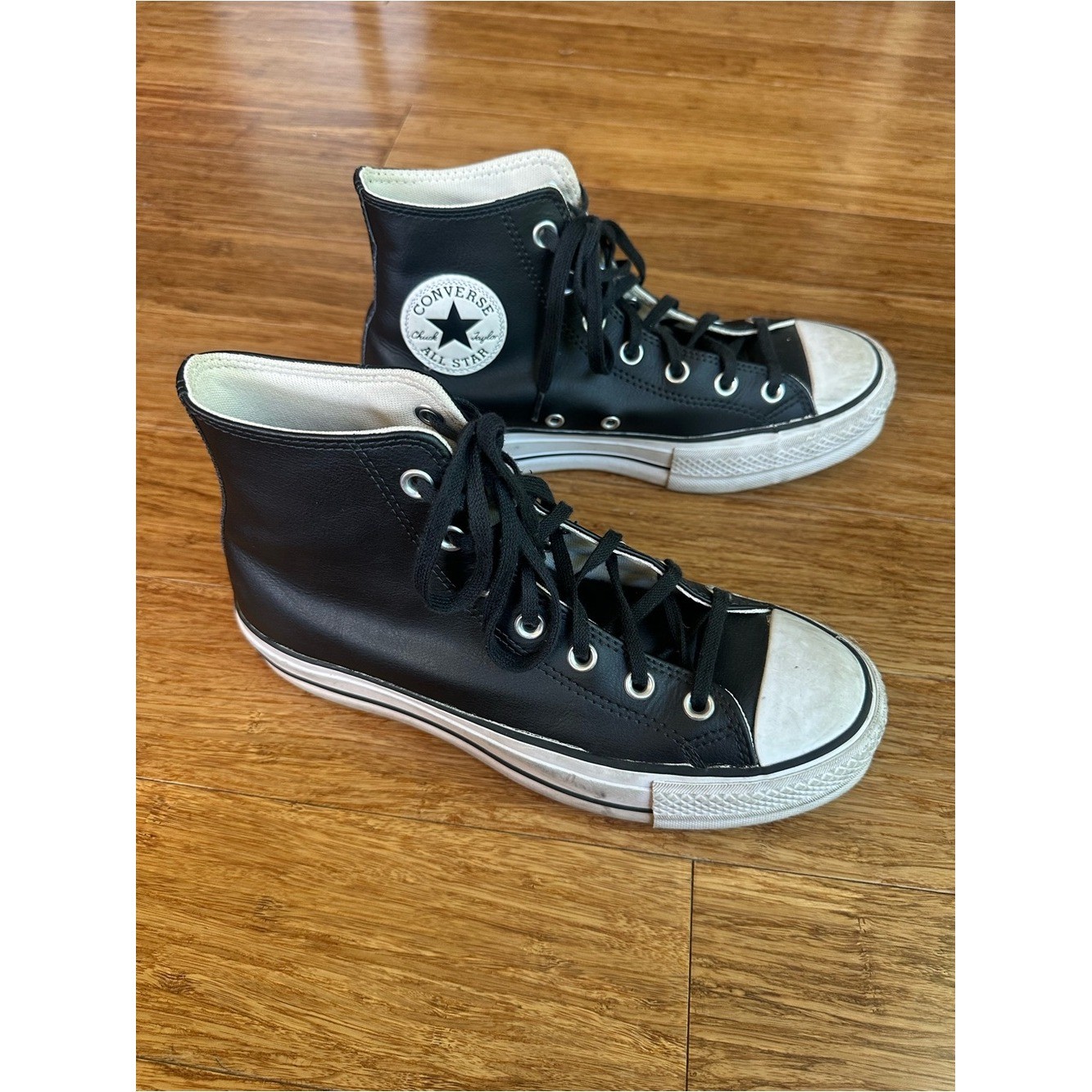 CONVERSE Chuck Taylor Size 8 All Star Black Leather High-Top Platform Sneakers
