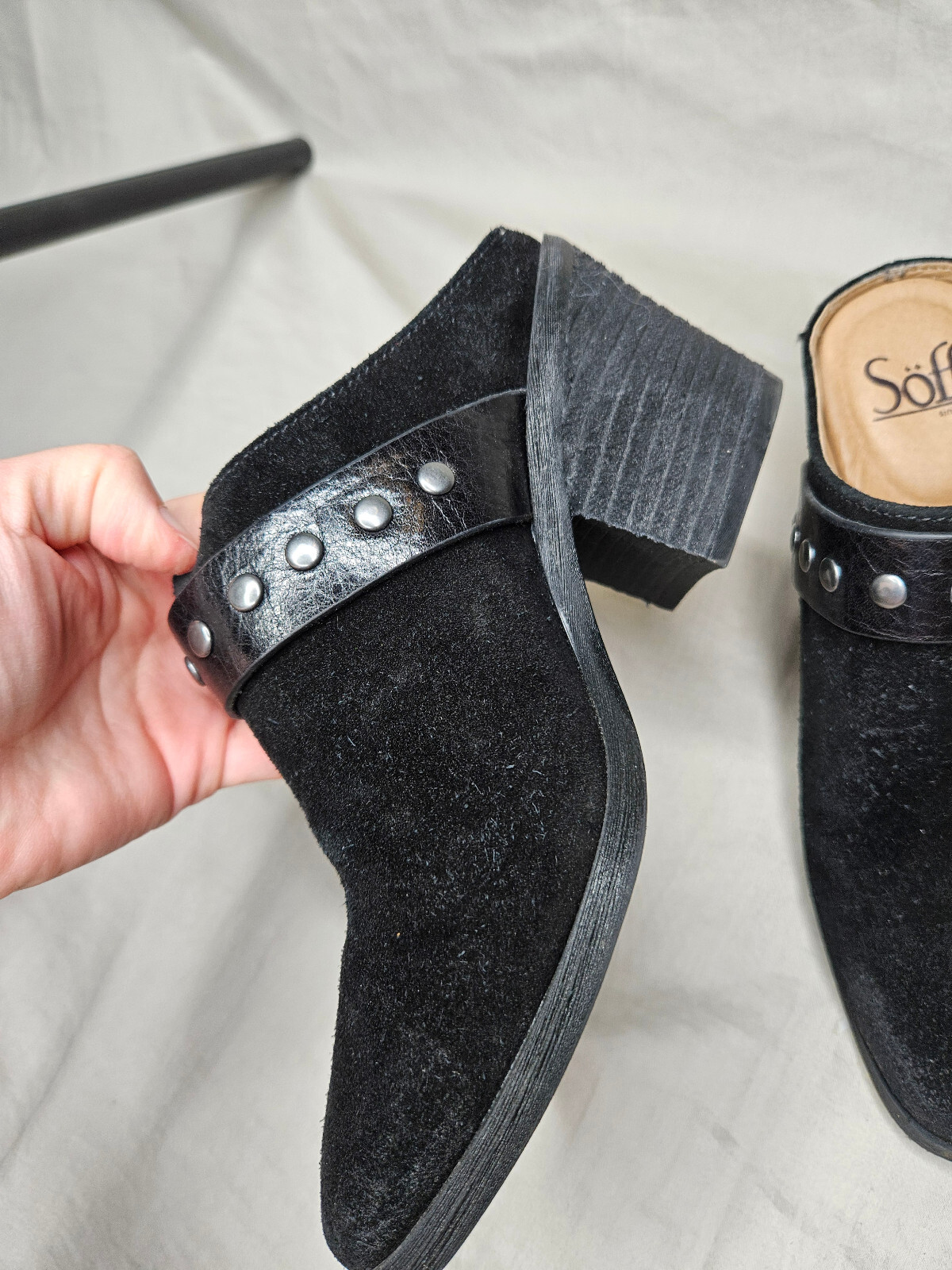 Sofft Mules Slides Womens 6 Black Leather Suede Buckle Studded Strap Block Heels
