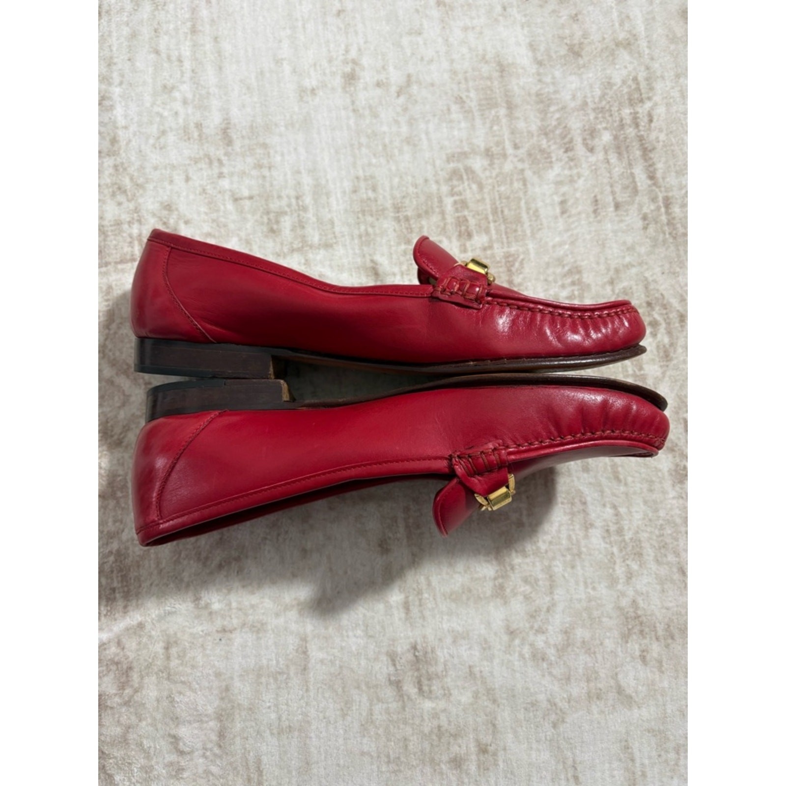 Bally Imogene Red Leather Loafers 7.5N Made In Italy Gold Bit Classic Luxury