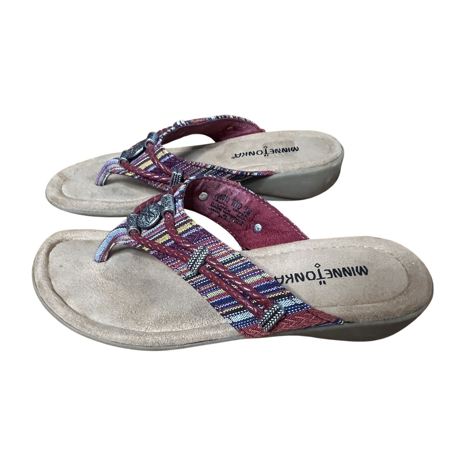 MINNETONKA SILVERTHOREN RED STRIPE BROWN LEATHER THONG FLIP FLOP SANDAL SHOE 5