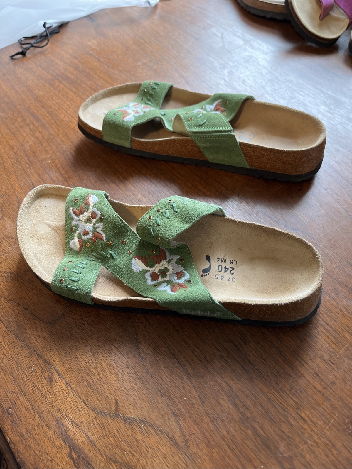 Birkenstock Betula Zara Embroidered Sandals Green Crystal Suede Women Size 7(37)