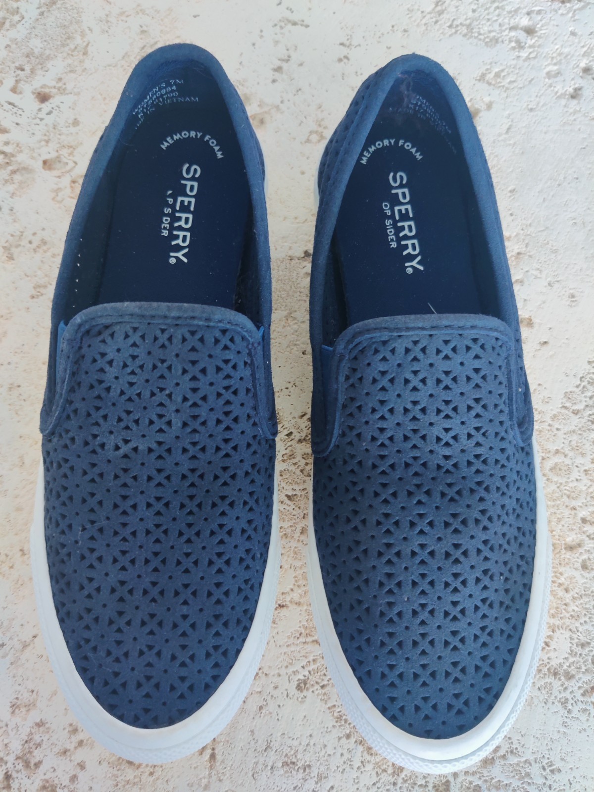 Sperry Top Sider Sz 7 M Perforated Suede Boat Shoes Sneakers Slip On NAVY BLUE
