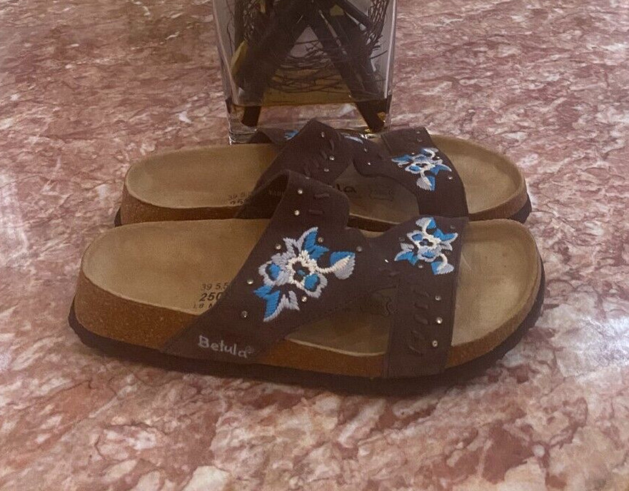 Betula by Birkenstock Zara Brown Embroidered Floral Sandals Size 8 EUC!