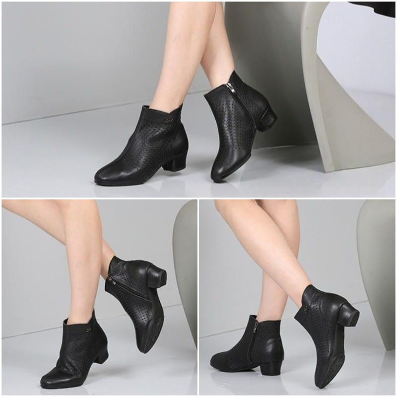 Faux Leather Summer Hollow Out Latin Dance Shoes Lady Mid-Heel Soft-Soled Shoes