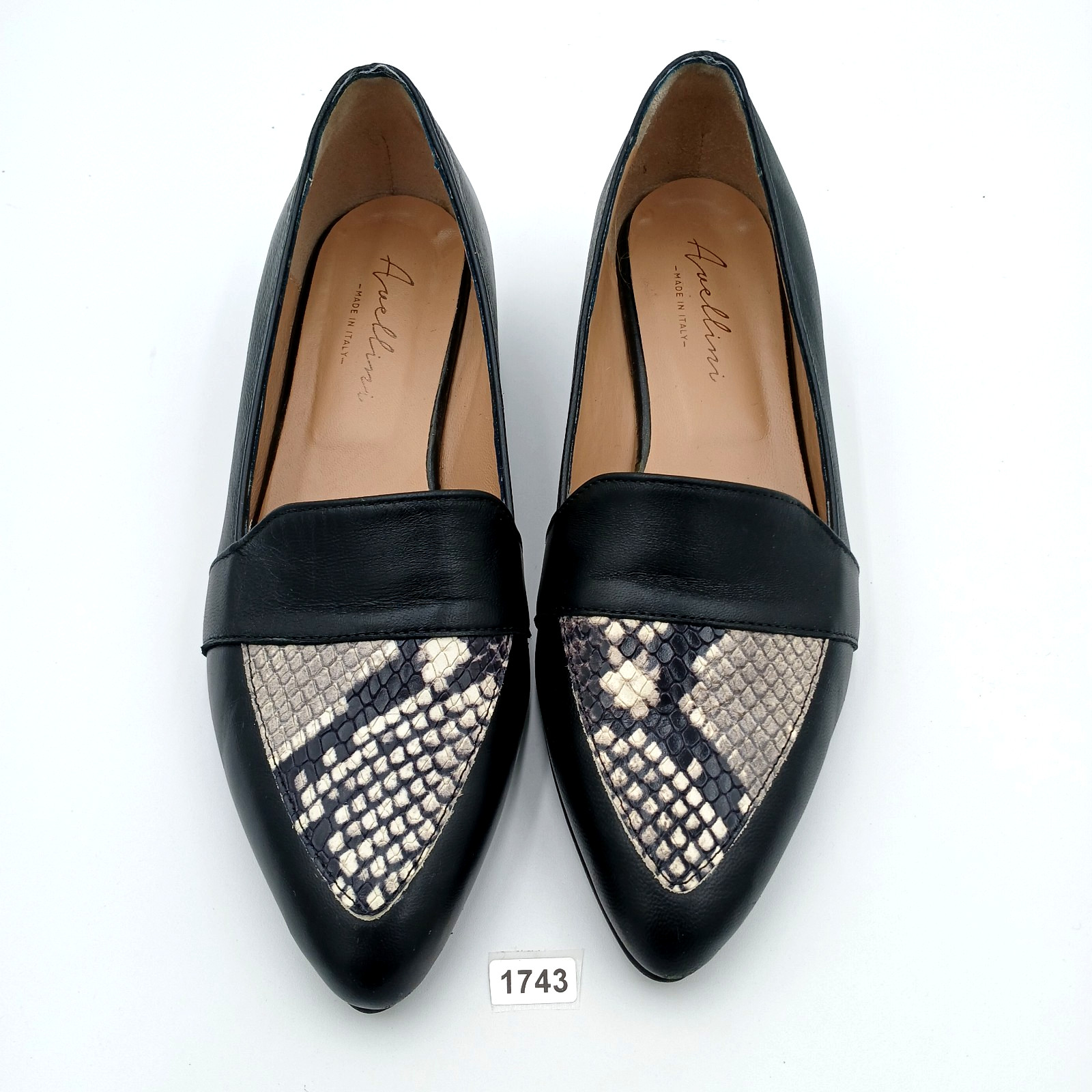 Avellini Womens Shoes Size 37 Black Leather Pointed Toe Snake Loafers Made Italy