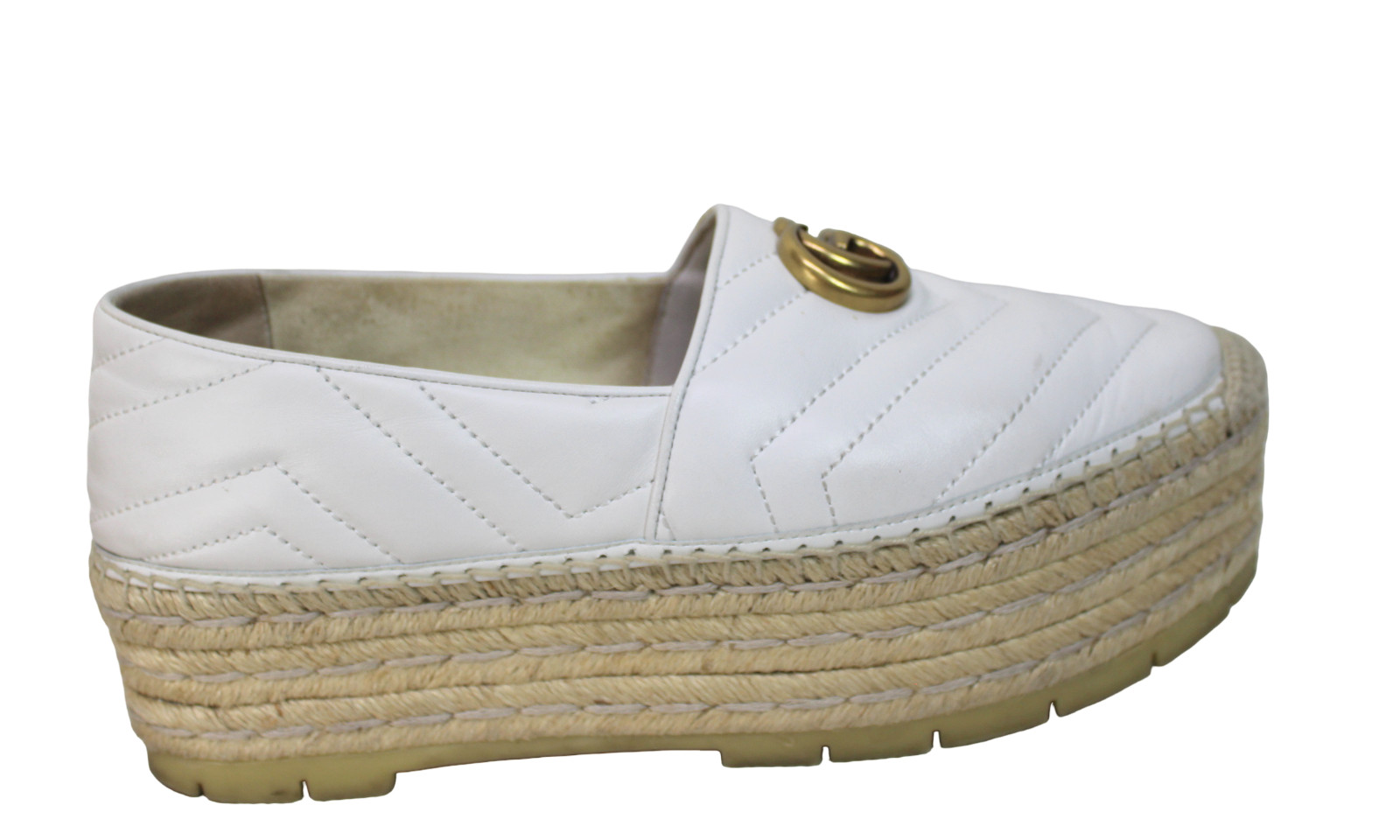 GUCCI SHOES PILAR WHITE CHEVRON LEATHER GG PLATFORM ESPADRILLE $790 39.5 US 9.5
