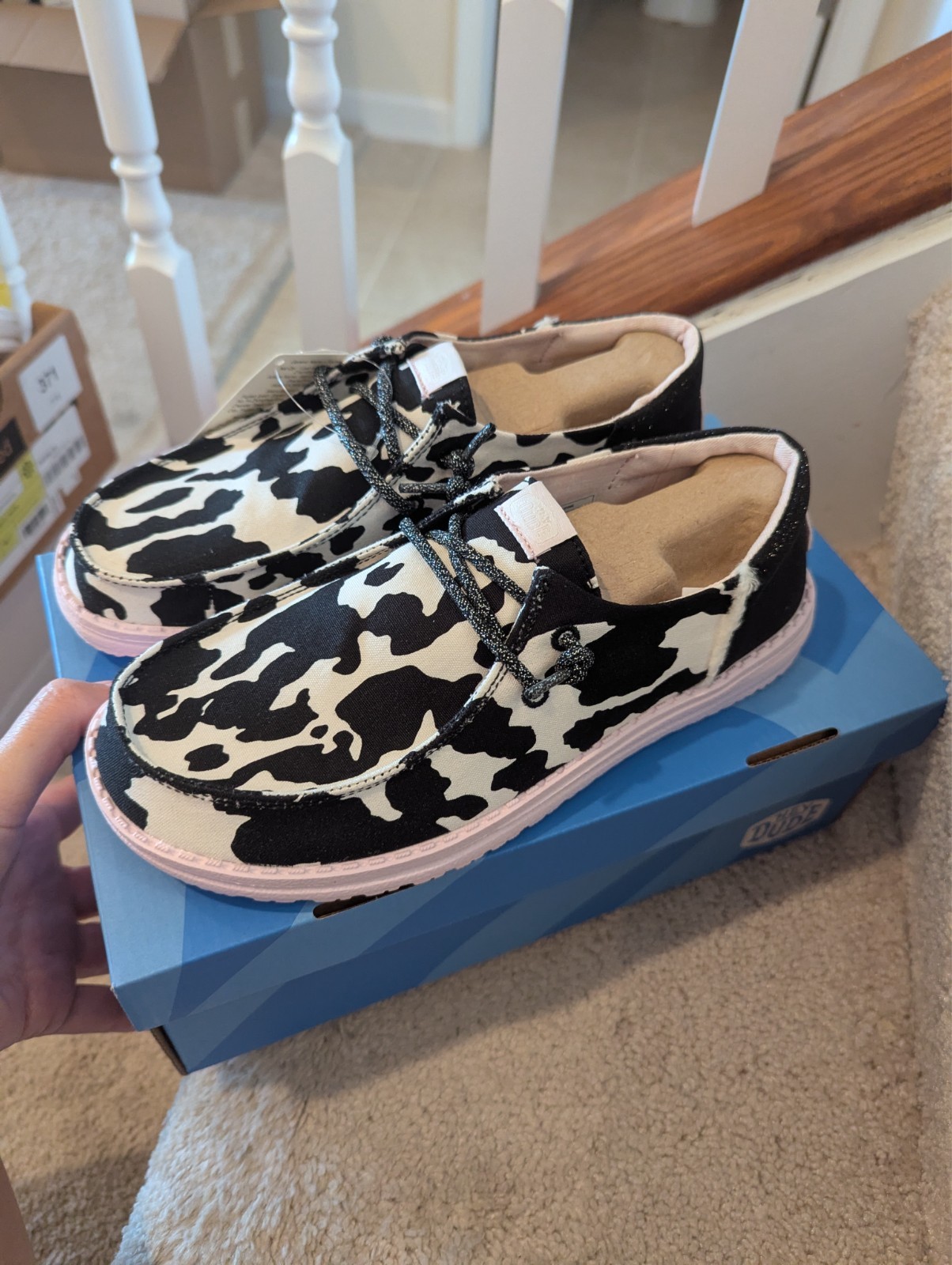 Hey Dude Wendy Funk Women’s Black White Pink Cow Print Casual Shoes Size 7