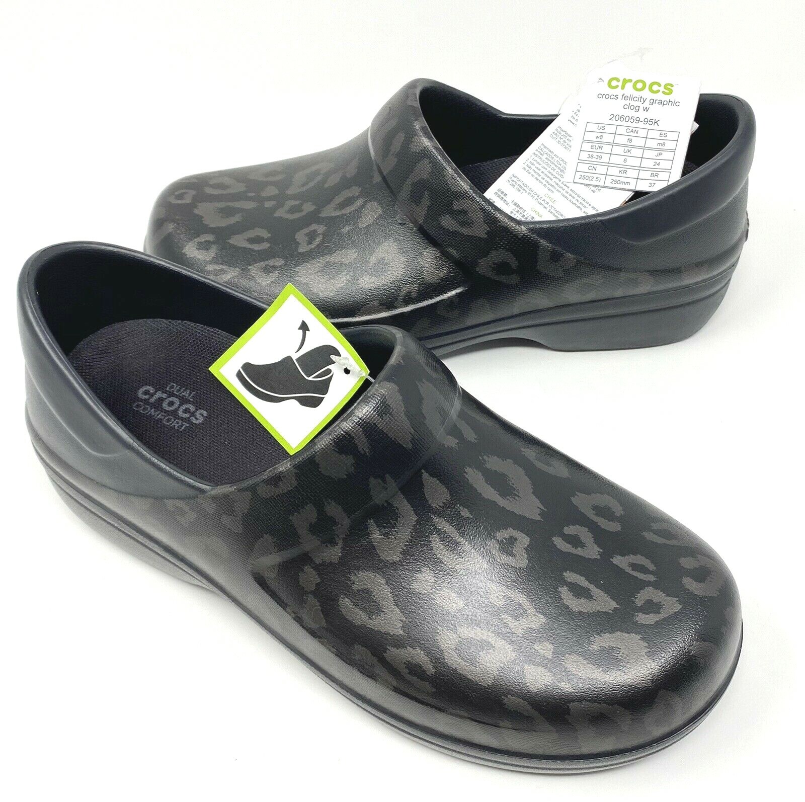 Crocs Felicity Graphic Leopard Print Clog Black & Gray Womens size 6 NEW