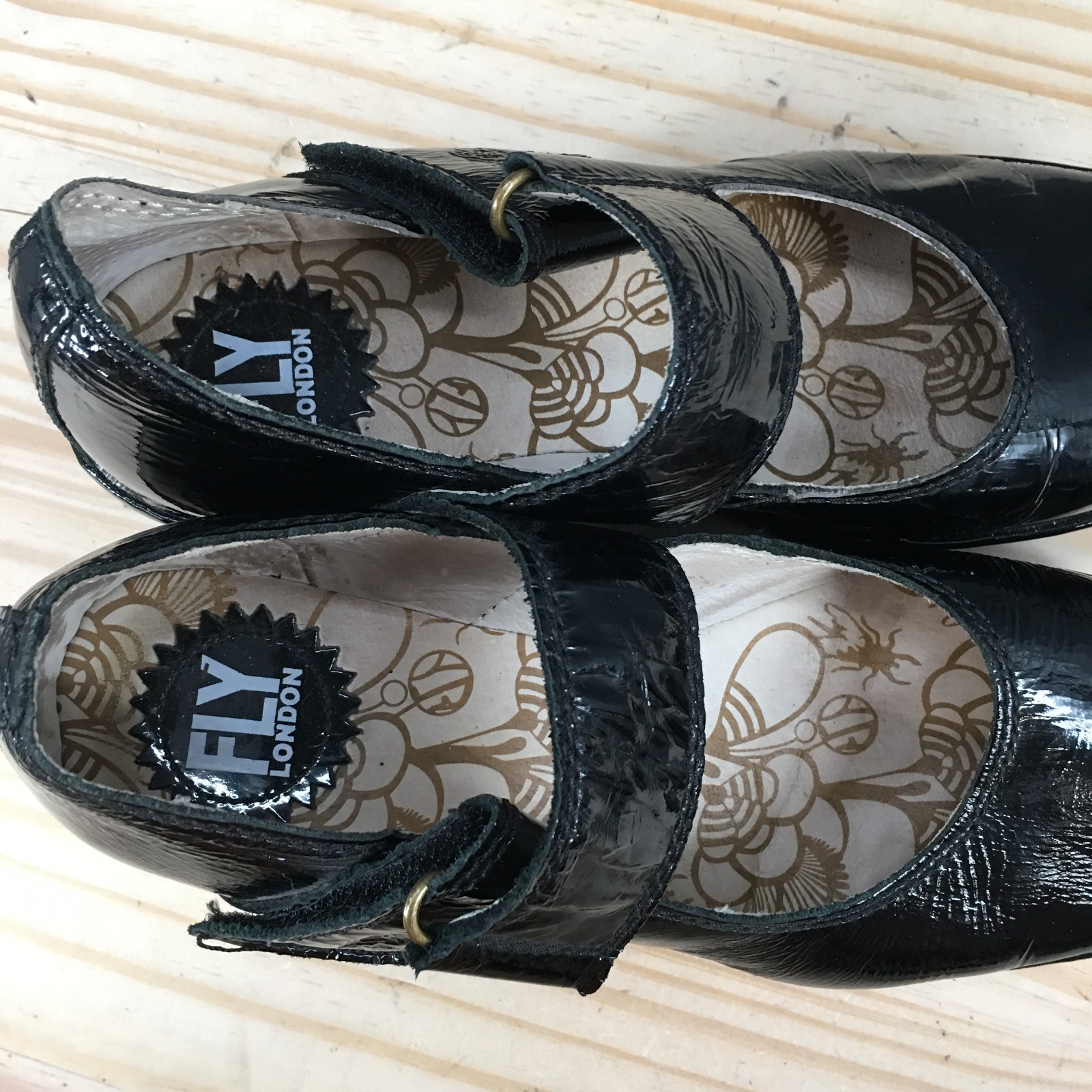Fly London Yaya Mary Jane Wedge Shoes Womens 38 Black Patent Leather Casual