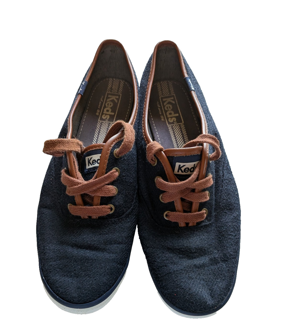 KEDS Classic Champion Women Size 8 Navy Brown Leather Trim Lace Up Sneakers